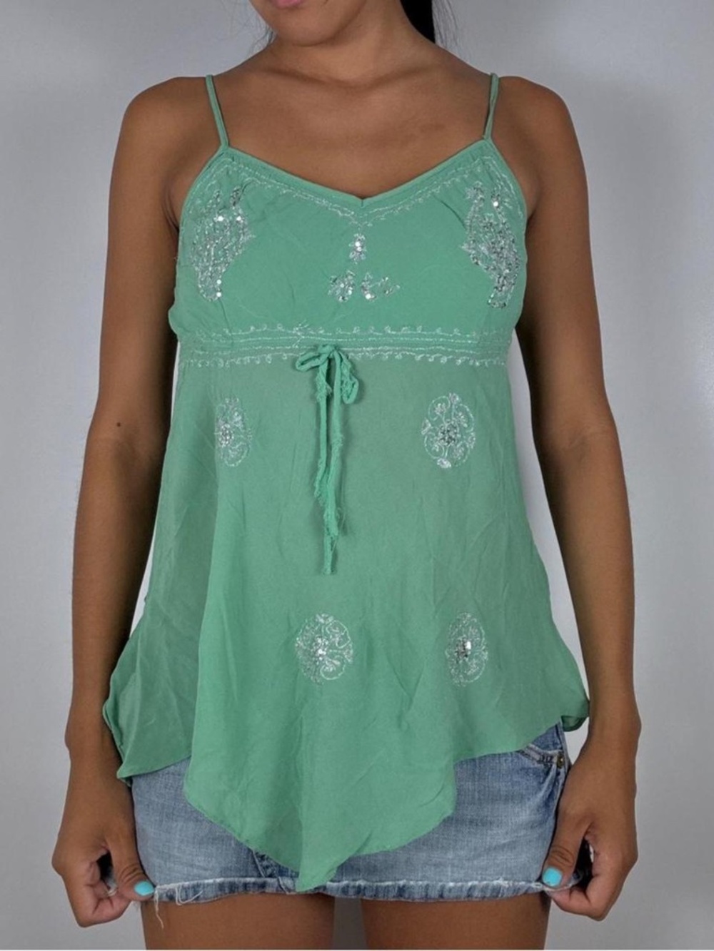Y2k Green cami top with silver sequin embroidery